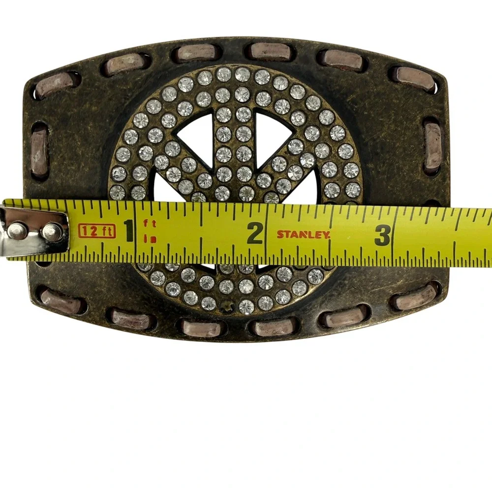 Ariat Brown Tooled Leather Peace Sign Rhinestone Buckle Belt women size 28